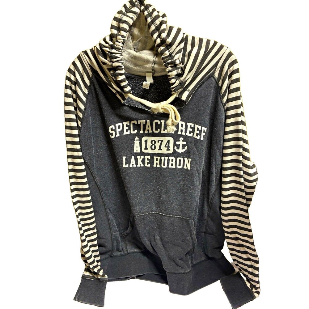 Womens XL Gray/White Striped Raglan Pullover Hoodie Spectacle Reef Lake Huron